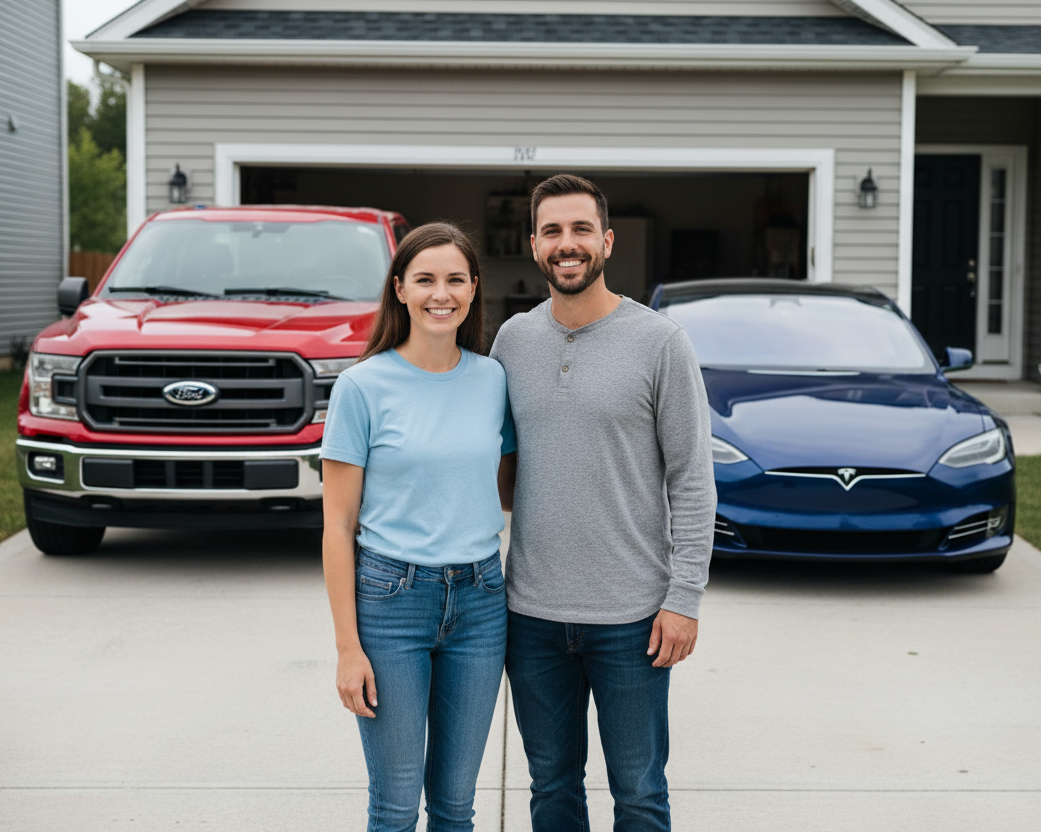 a couple standing happily in front of their two different colored cars.