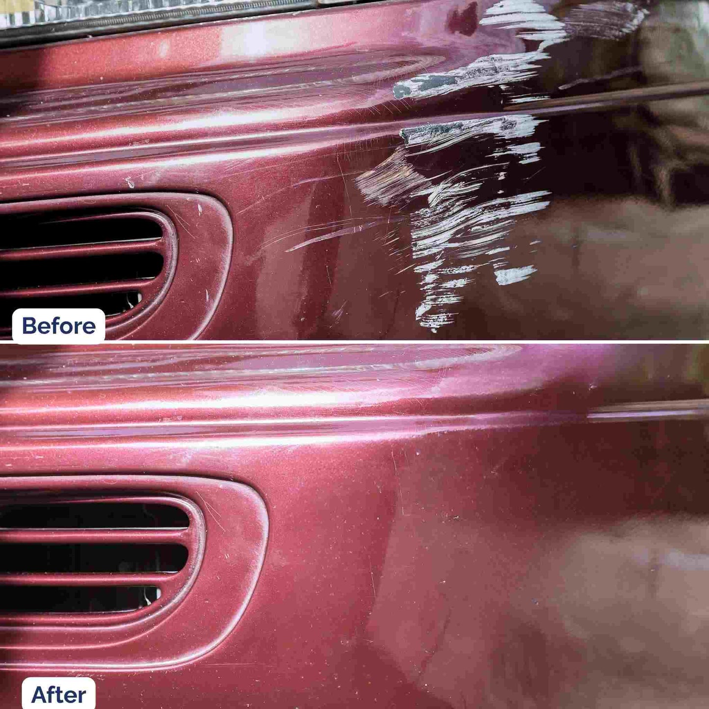 Before and after comparison showing heavy bumper scratches restored using a PaintScratch touch up paint bottle.