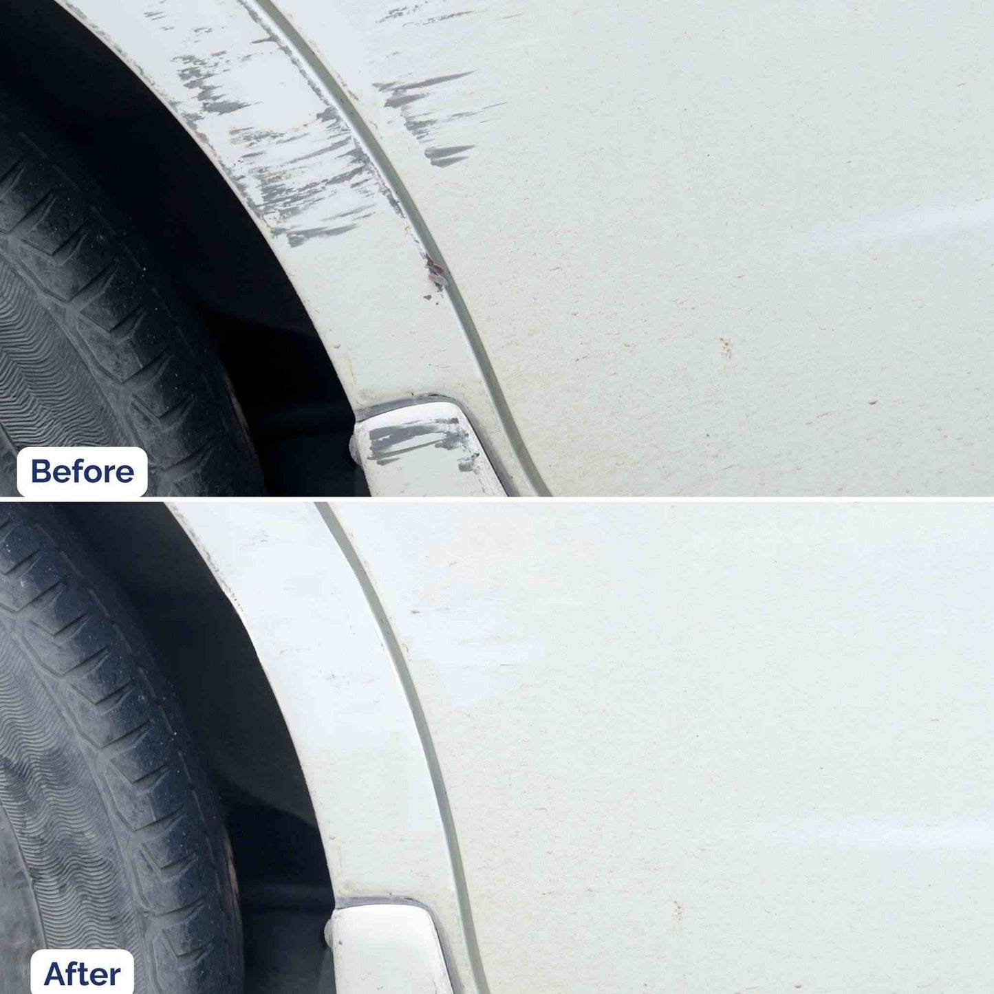 Before and after comparison showing a car fender with paint scuffs repaired using a PaintScratch touch up paint pen.