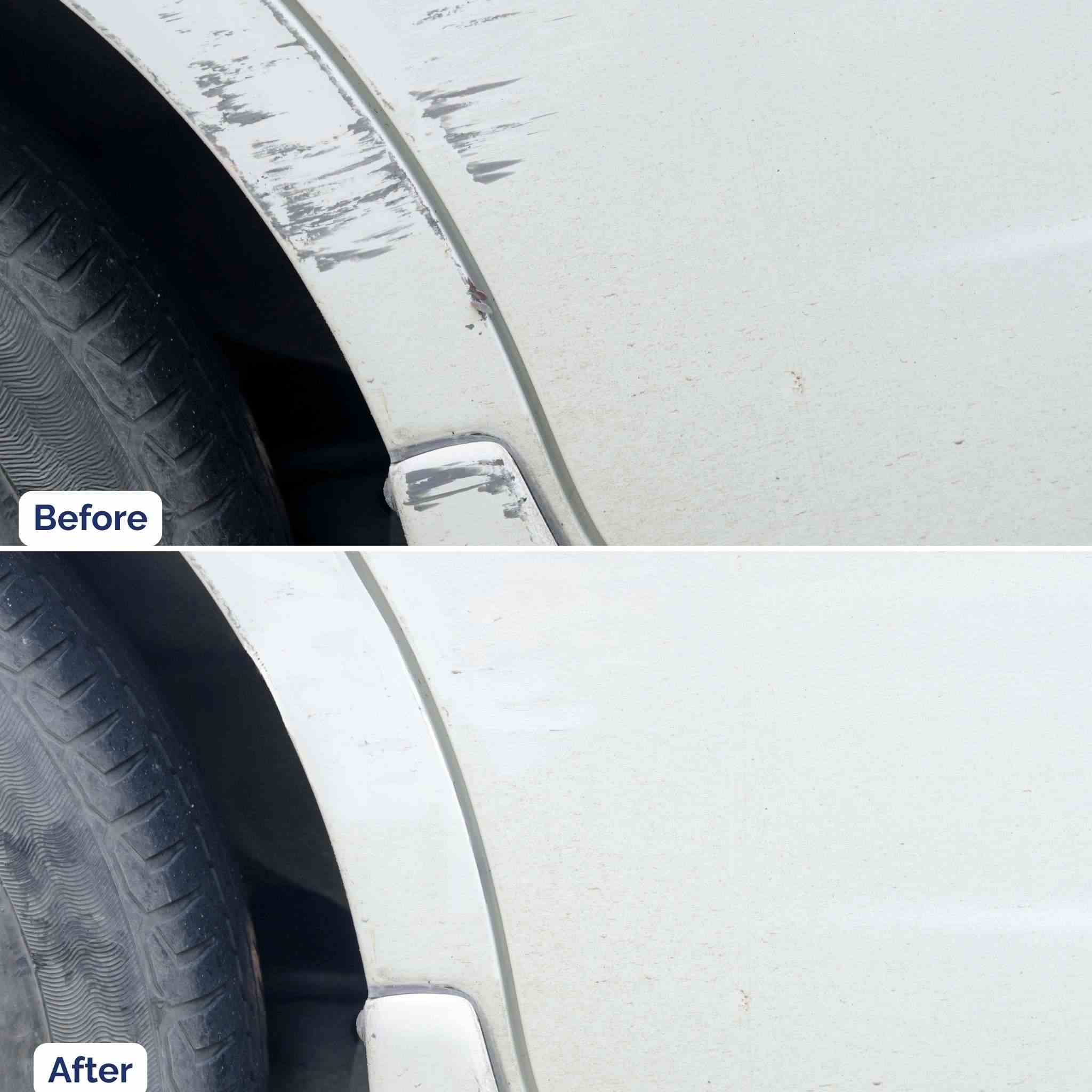 Before and after comparison showing a car fender with paint scuffs repaired using a PaintScratch touch up paint pen.