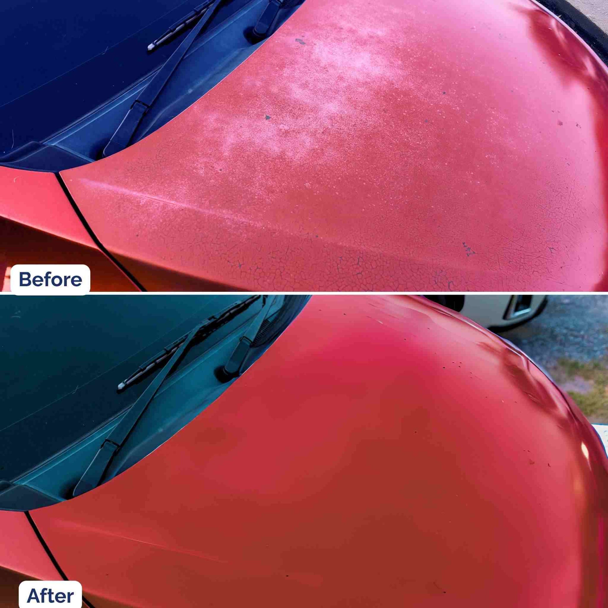 Before and after comparison showing a faded, oxidized red hood restored using PaintScratch spray paint and clearcoat.